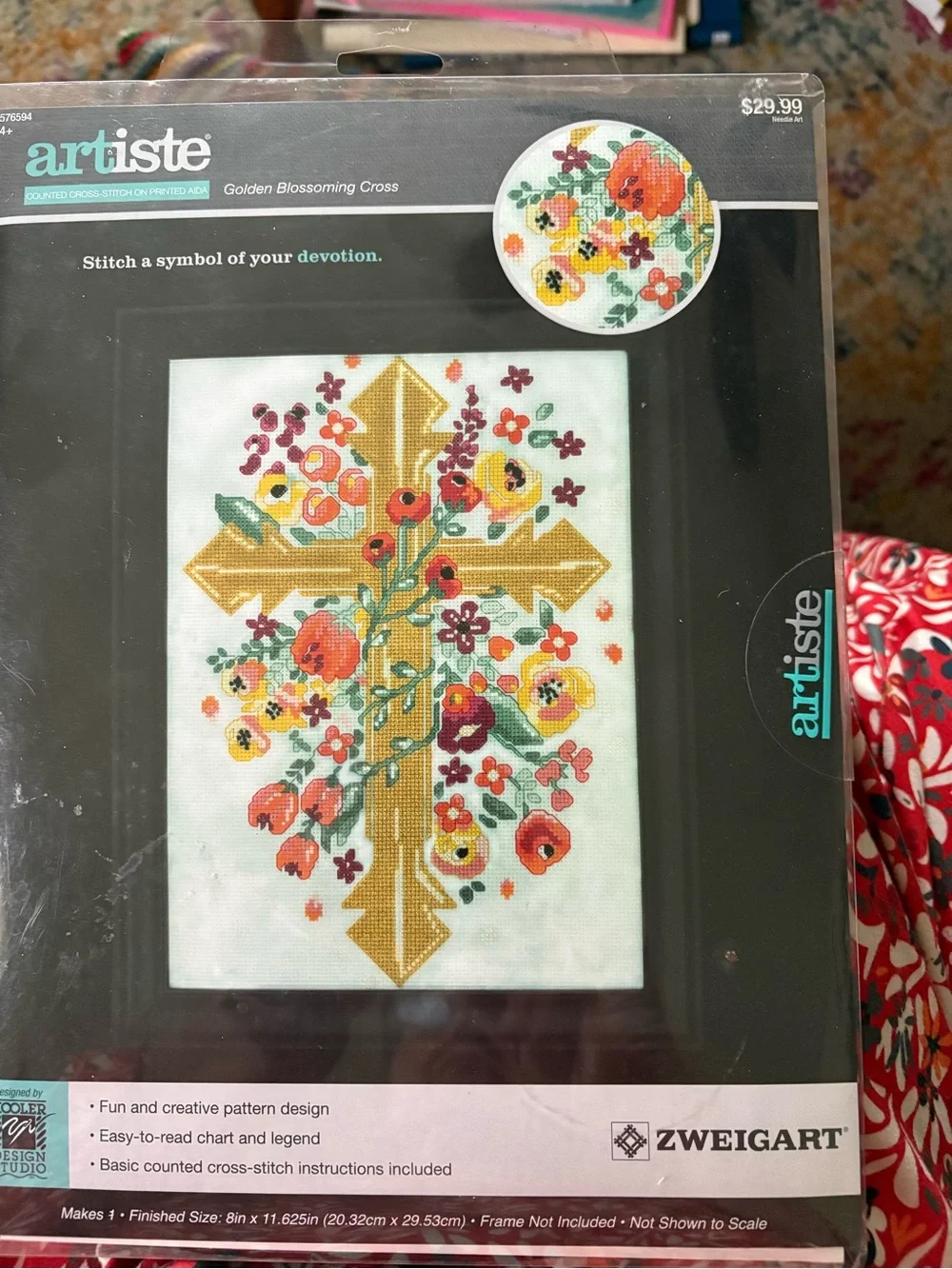artis Golden Cross with Floral Accents - Gold, Orange, Red, Yellow, Green